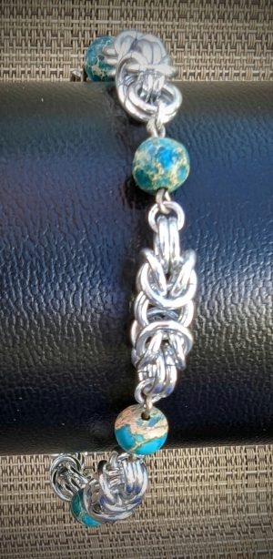 Turquoise Imperial Jasper - Silver Segmented Byzantine Bracelet