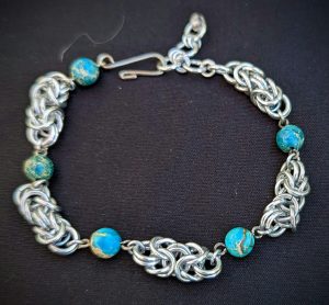 Turquoise Imperial Jasper - Silver Segmented Byzantine Bracelet