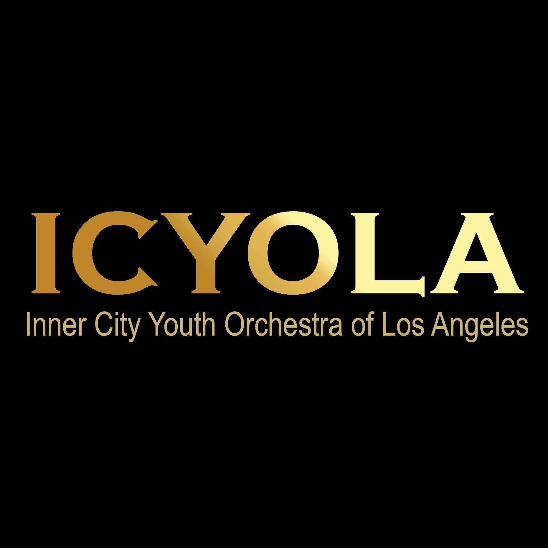 Inner City Youth Orchestra of Los Angeles logo. Gold letters spelling ICYOLA on a black background with the acronym spelled out below it in smaller gold text